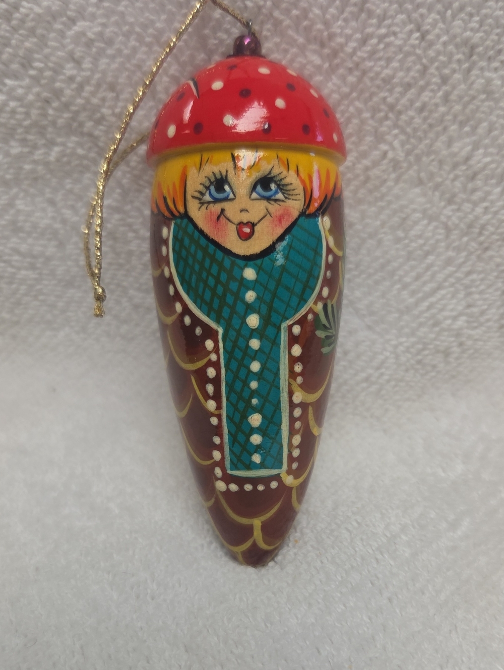 Red and Teal Hand-Painted Matryoshka-Style Ornament